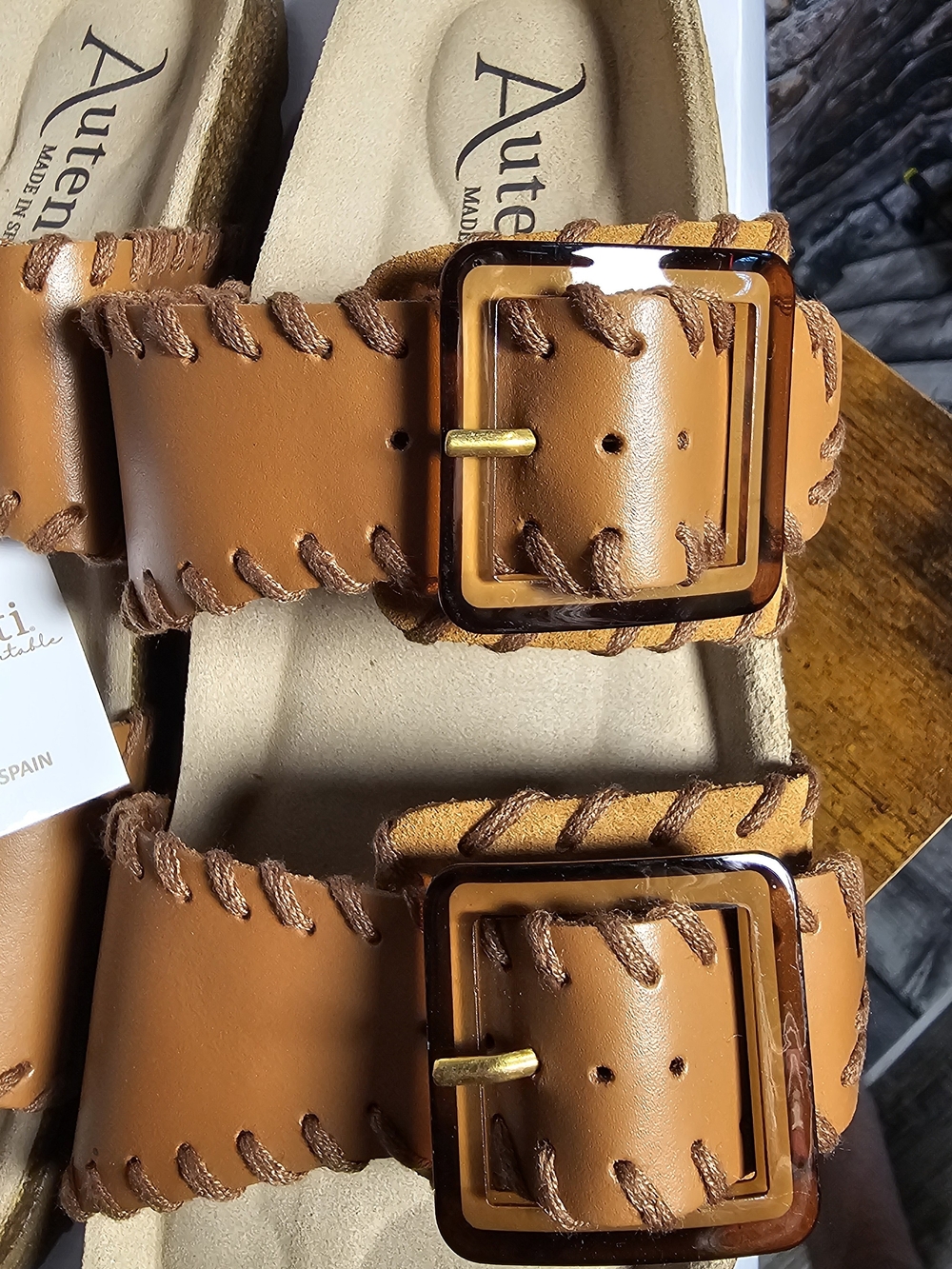 Autenti Made in Spain Genuine Leather Double Buckle Slide Sandals W 9 EU 40